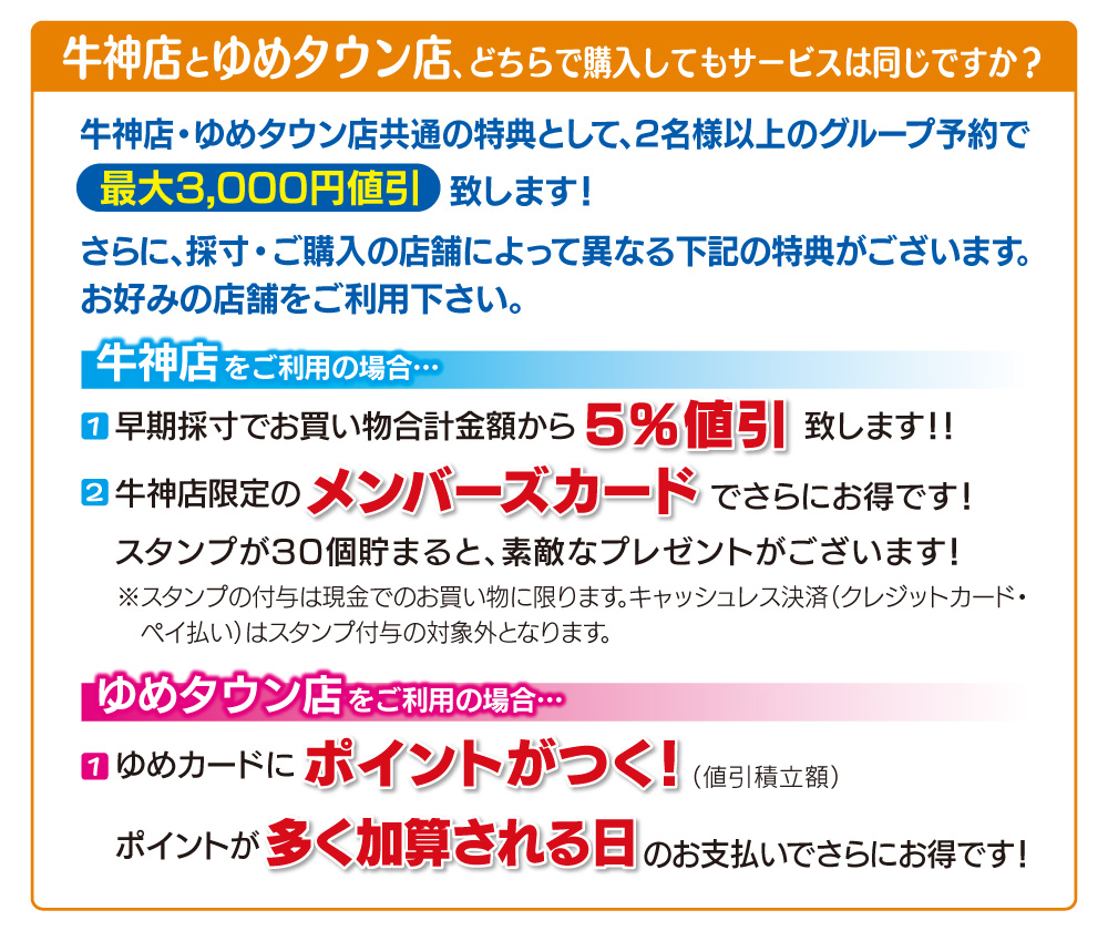 牛神店とゆめタウン店、購入時の特典の違いは？